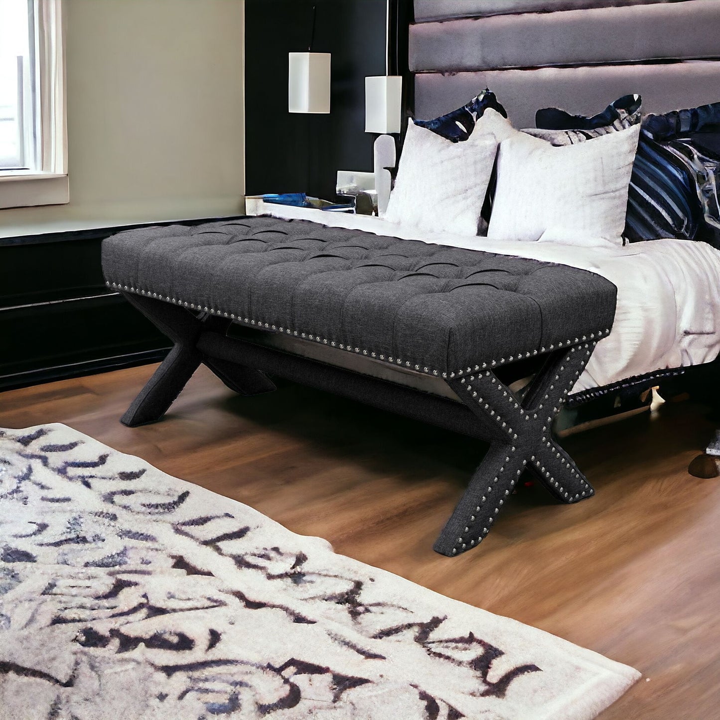 45" Light Gray Upholstered Linen Bench