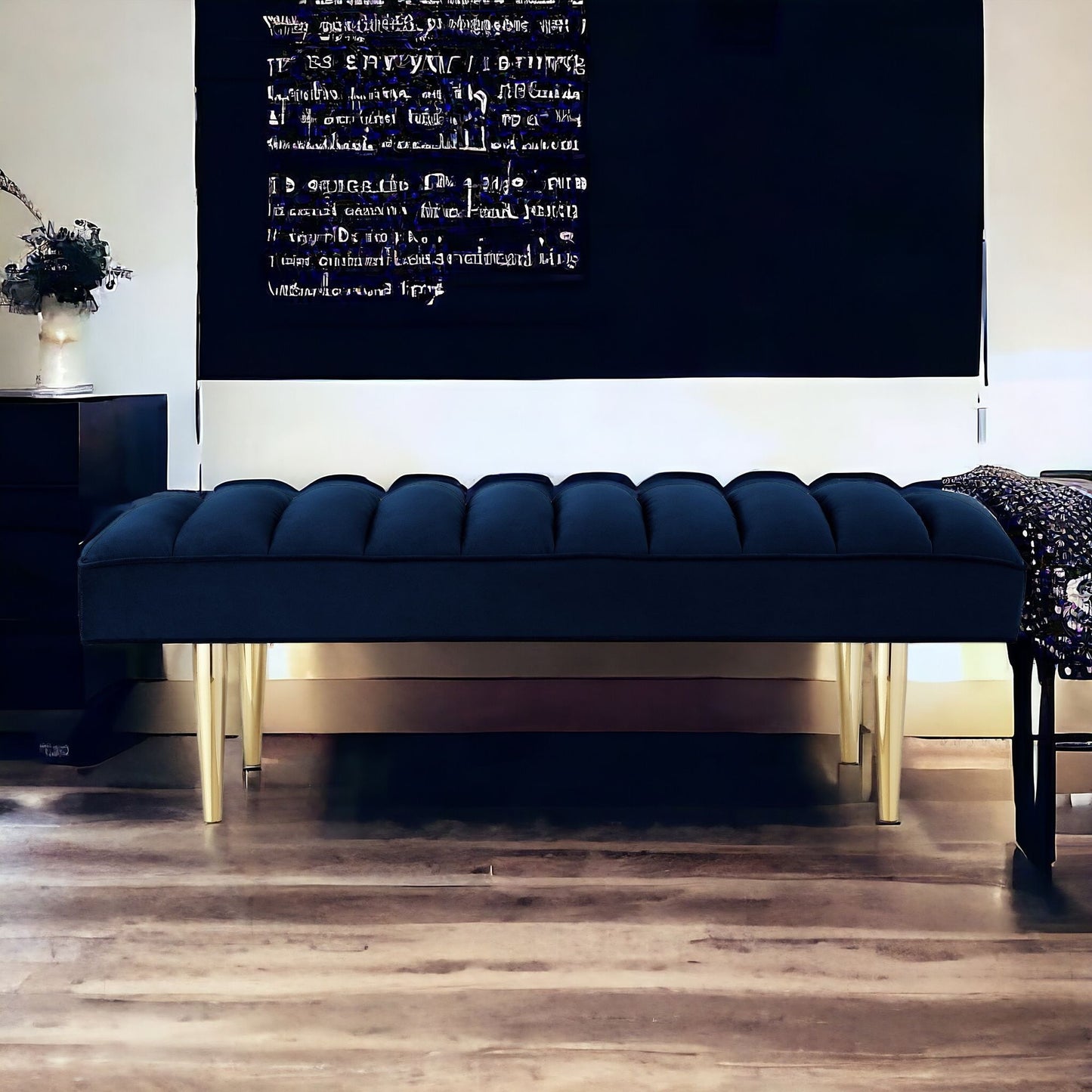 53" Blue And Silver Upholstered Velvet Bench