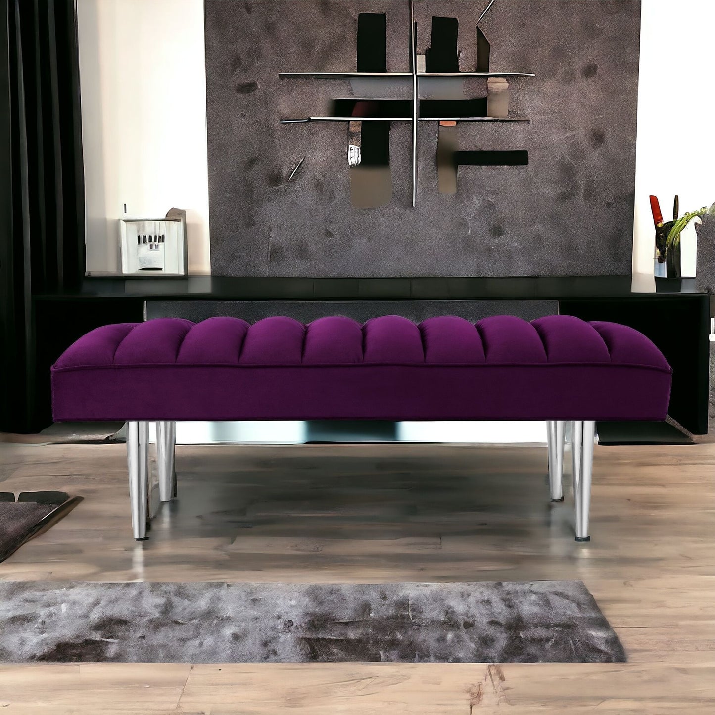 53" Blue And Silver Upholstered Velvet Bench