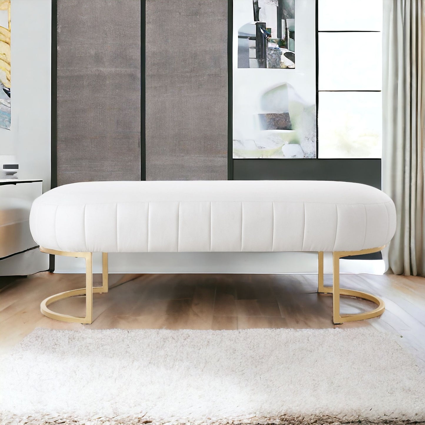 53" Blush And Gold Upholstered Velvet Bench