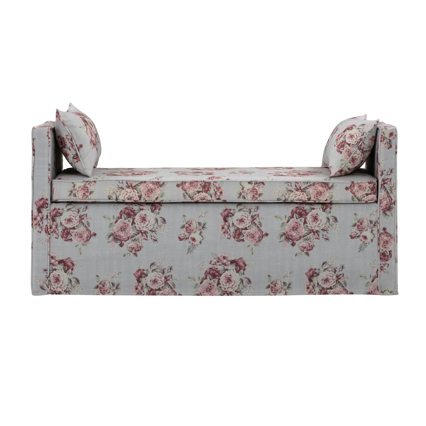 53" Red And Black Upholstered Linen Floral Bench