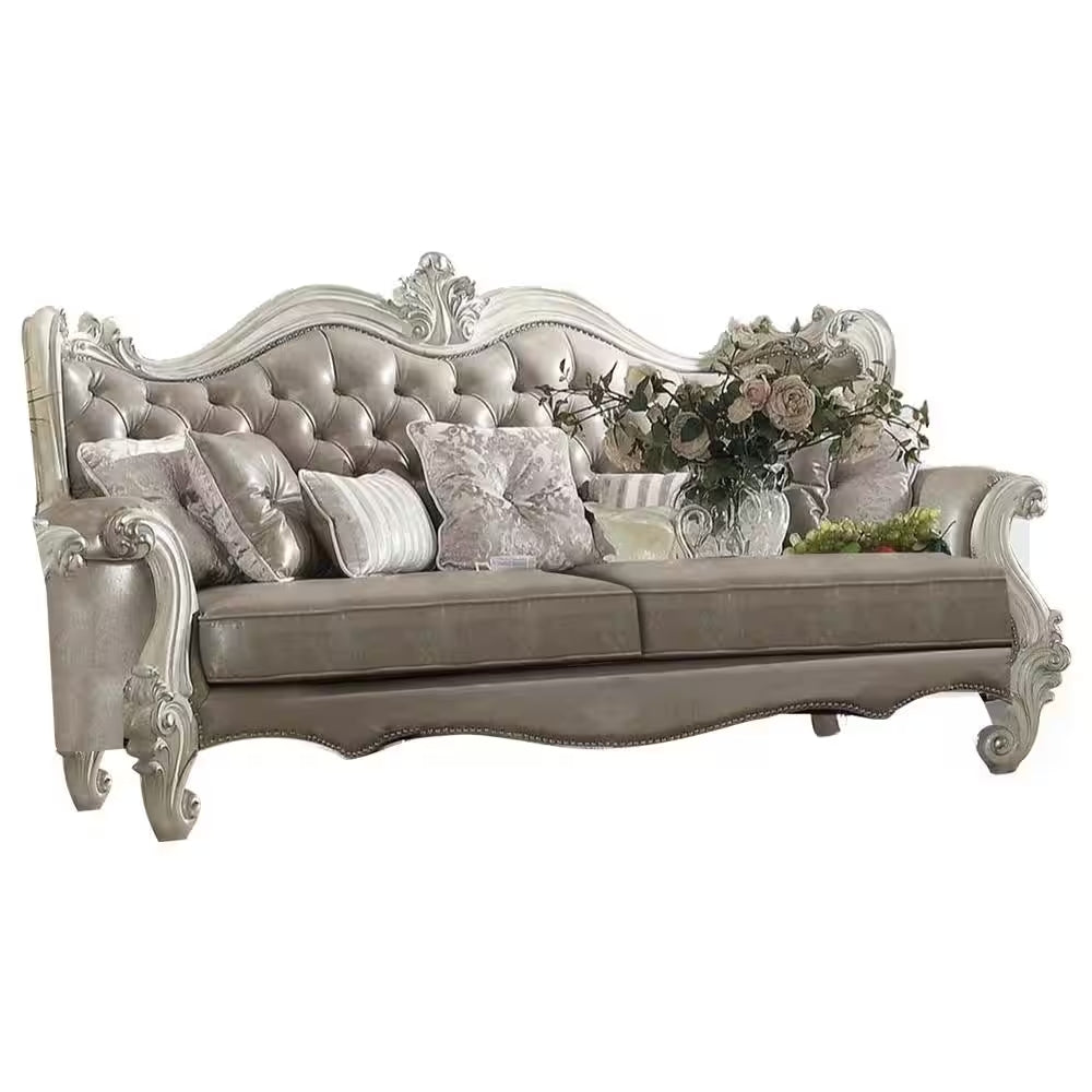 90" Vintage Gray Faux Leather And Bone Sofa With Seven Toss Pillows