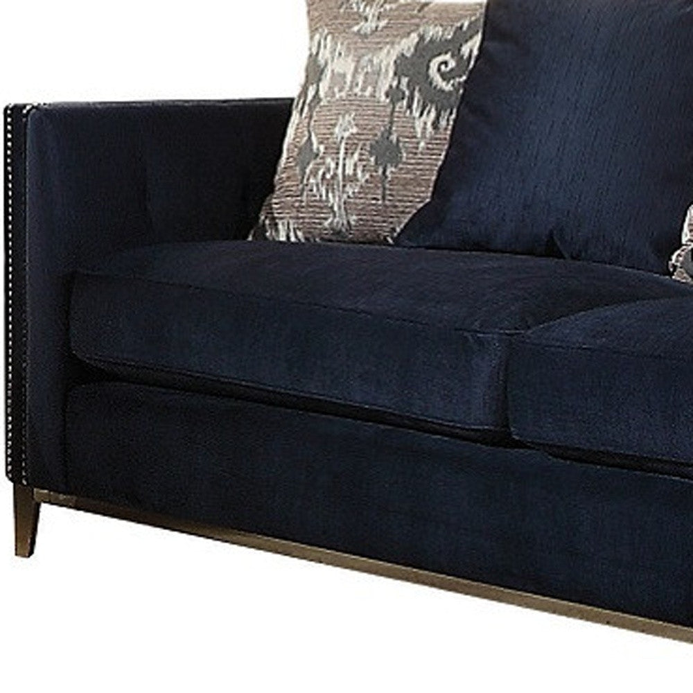 95" Blue Velvet And Black Sofa With Five Toss Pillows