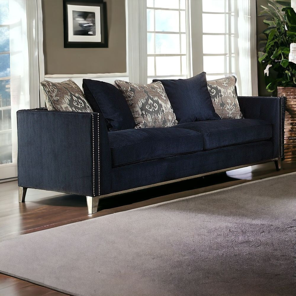95" Blue Velvet And Black Sofa With Five Toss Pillows