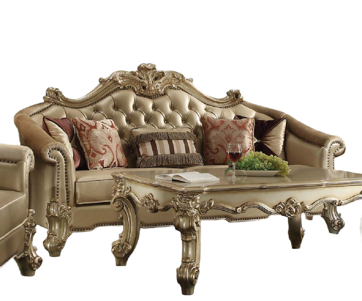 89" Bone Faux Leather And Gold Sofa With Five Toss Pillows