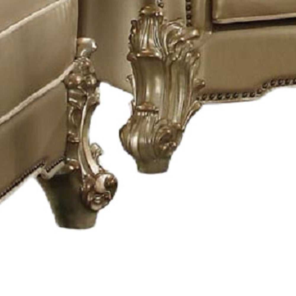 89" Bone Faux Leather And Gold Sofa With Five Toss Pillows