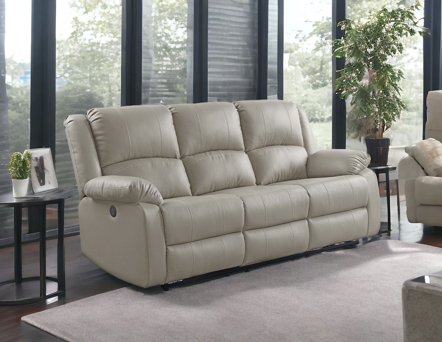 81" Beige And Black Faux Leather Reclining USB Sofa