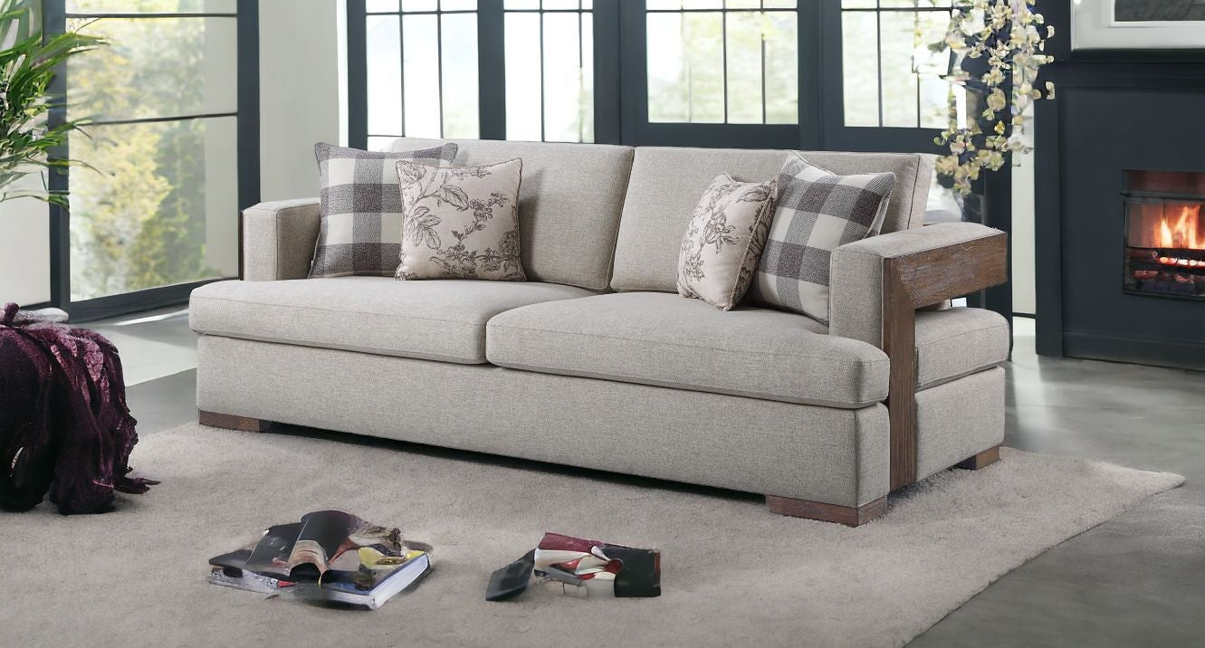 92" Fabric Linen And Brown Sofa With Four Toss Pillows