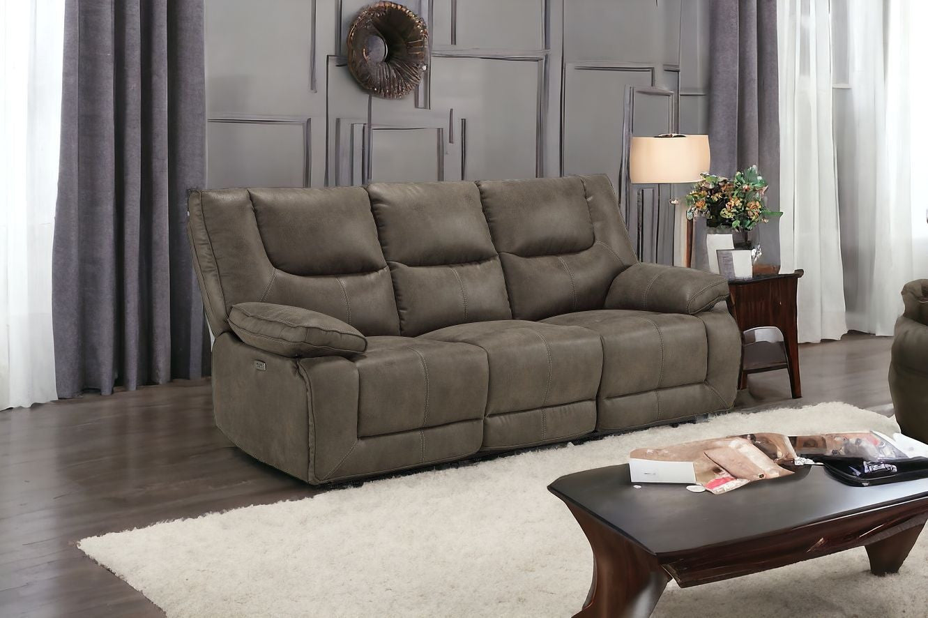 87" Gray And Black Faux Leather Reclining USB Sofa
