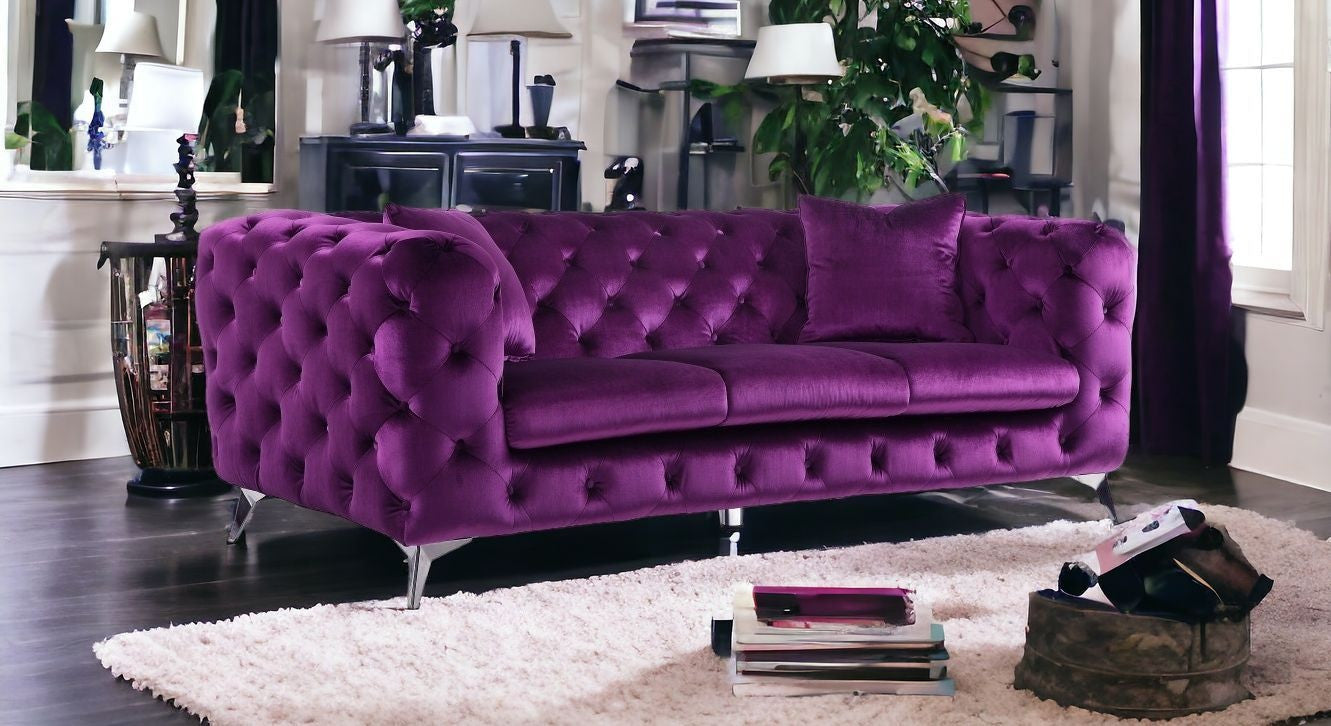 90" Purple And Silver Velvet Sofa