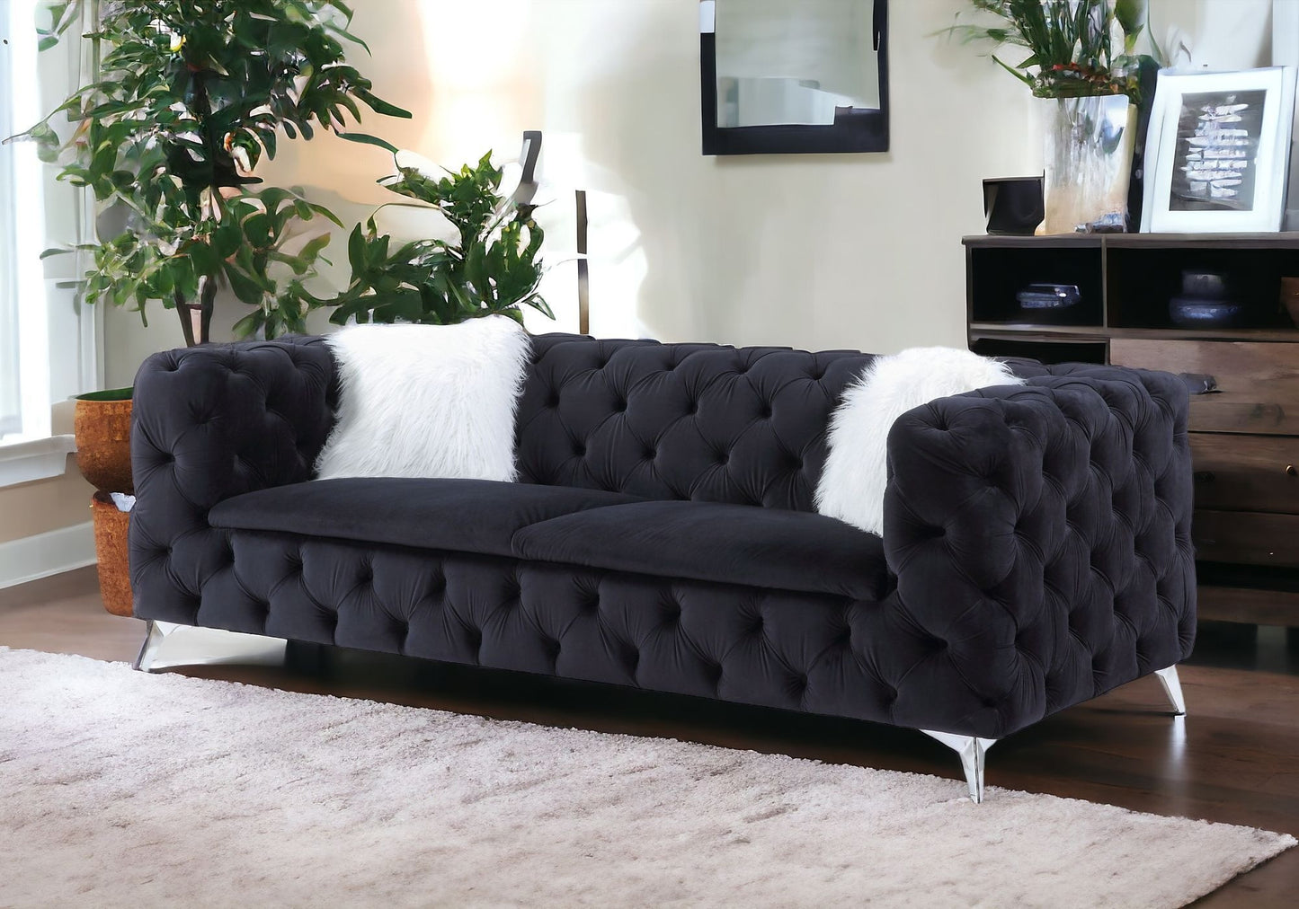91" Black And Silver Velvet Sofa And Toss Pillows