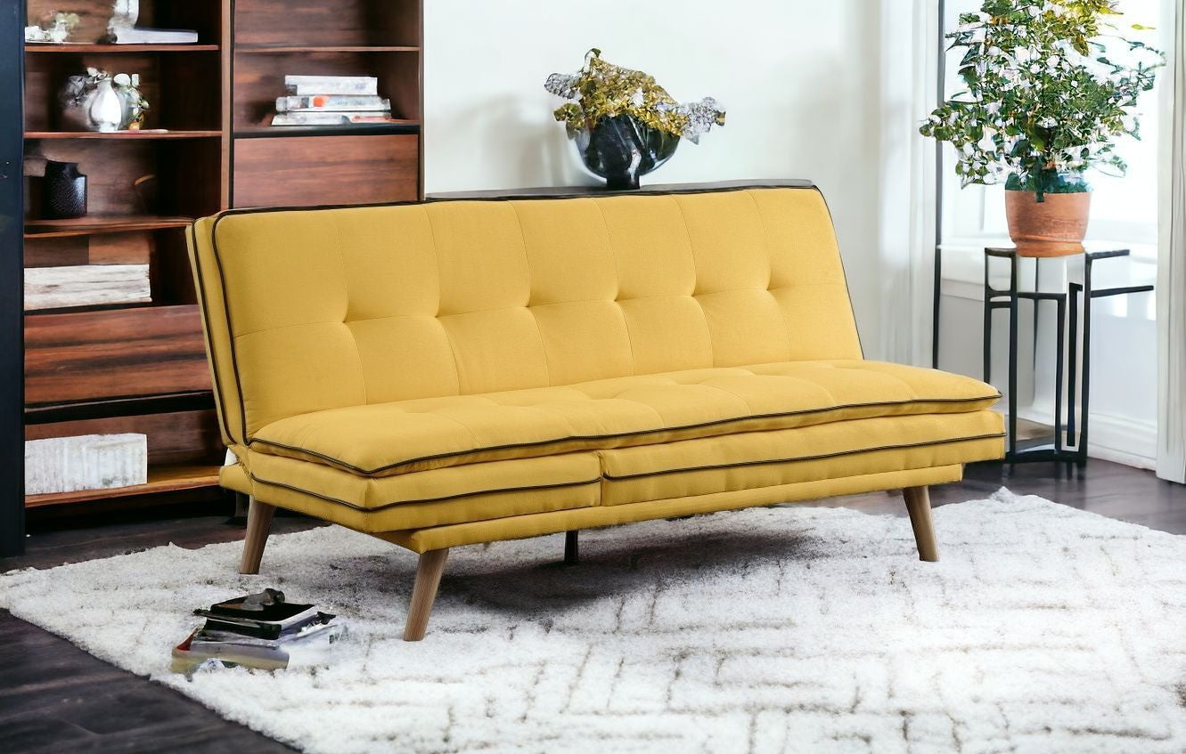 72" Yellow Linen And Brown Sofa