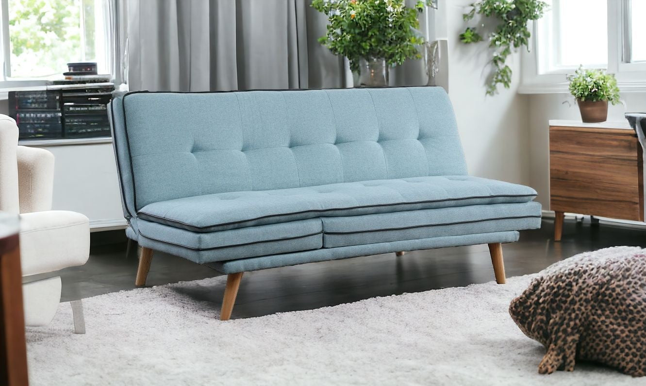 72" Blue Linen And Brown Sofa