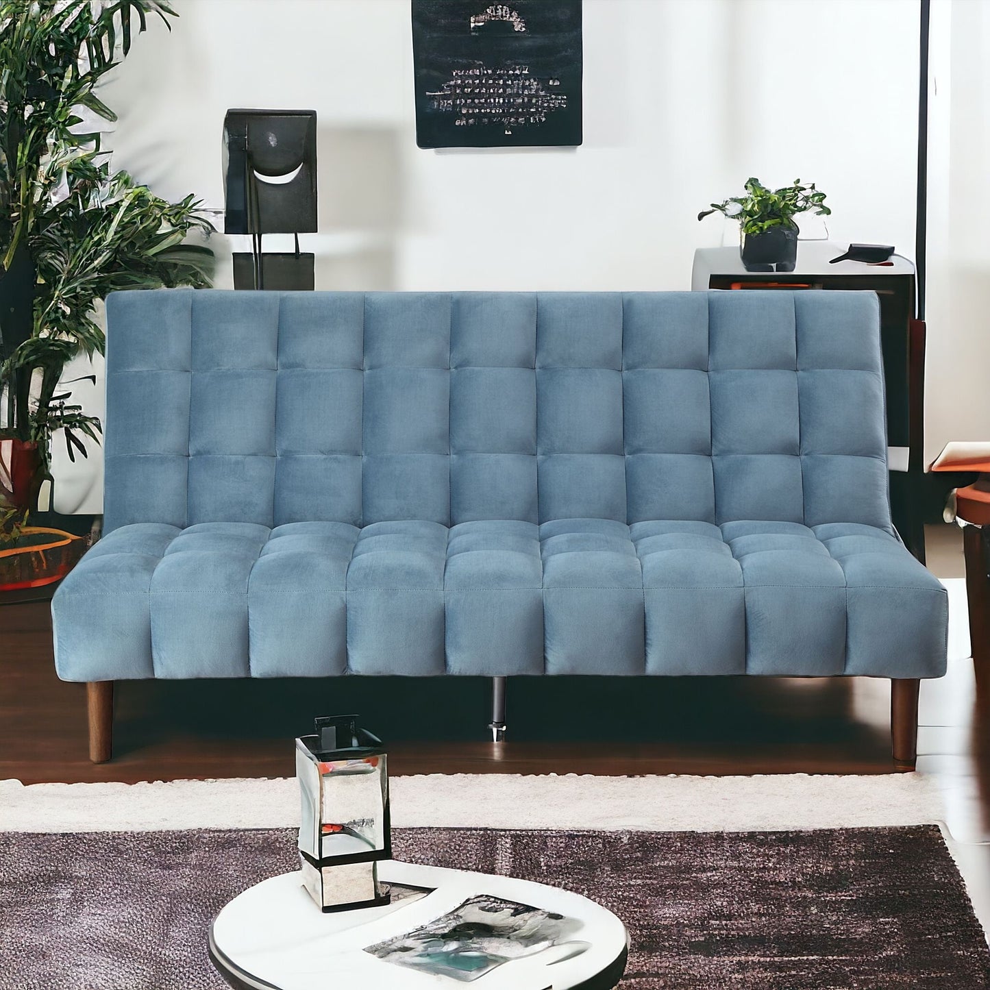 76" Teal Velvet And Wood Brown Sleeper Sofa