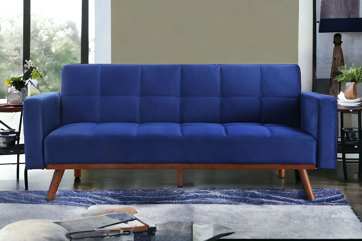 76" Blue Velvet And NAtural Sleeper Sofa