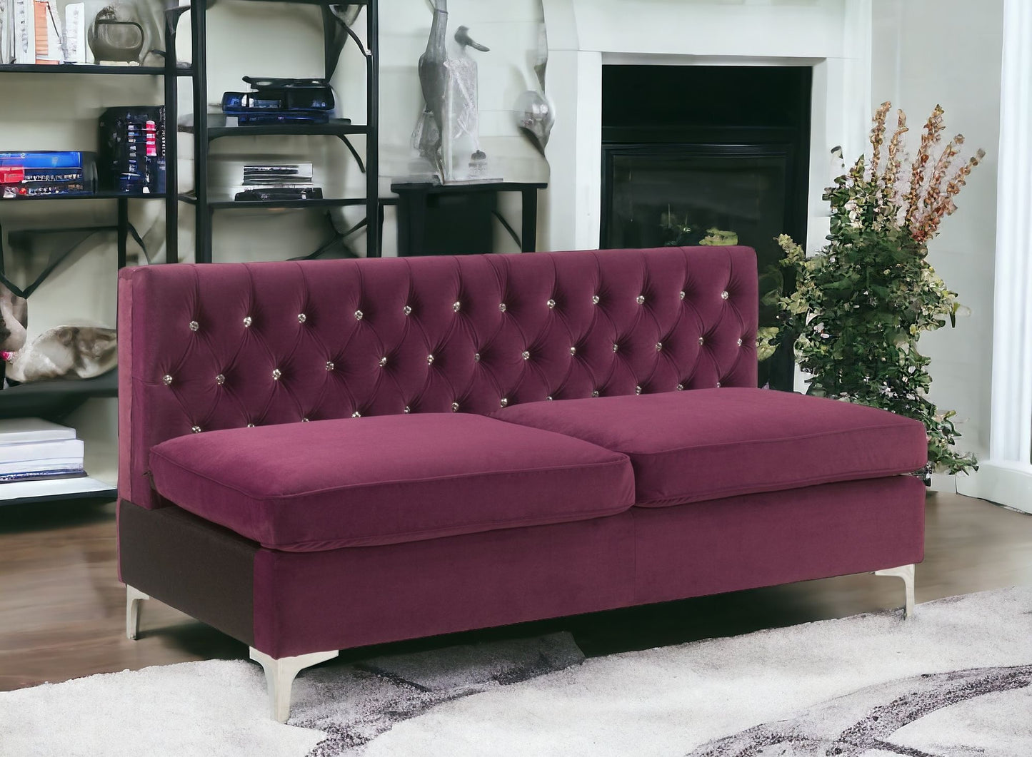 69" Burgundy Velvet And Silver Sofa With Two Toss Pillows