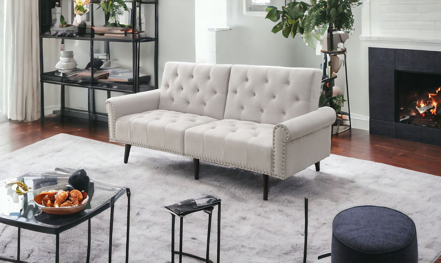 82" Beige Velvet And Black Sofa
