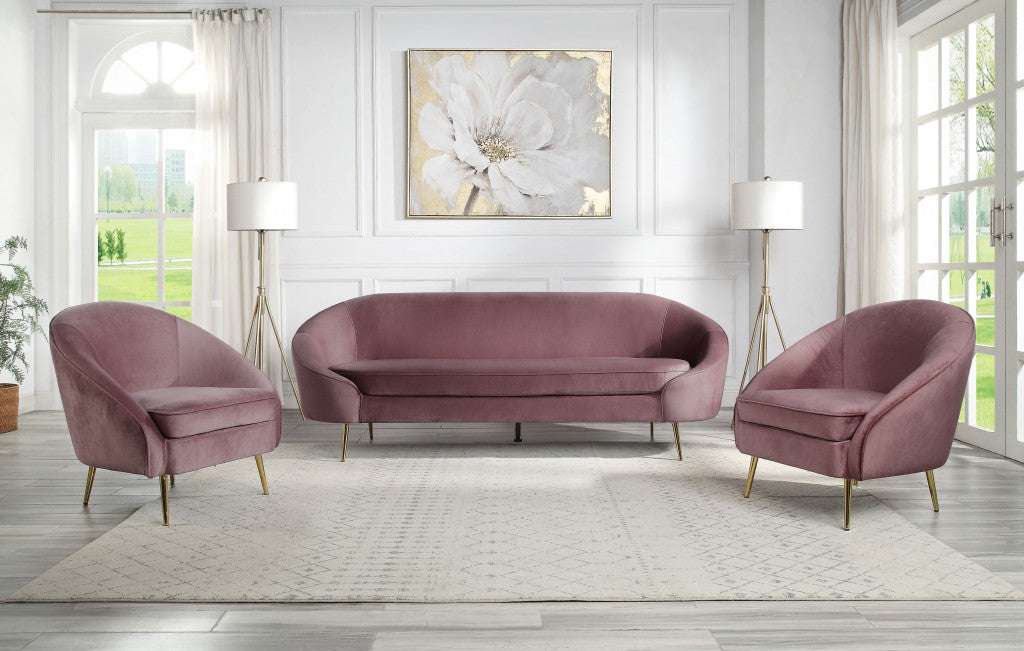 90" Pink Velvet And Gold Sofa