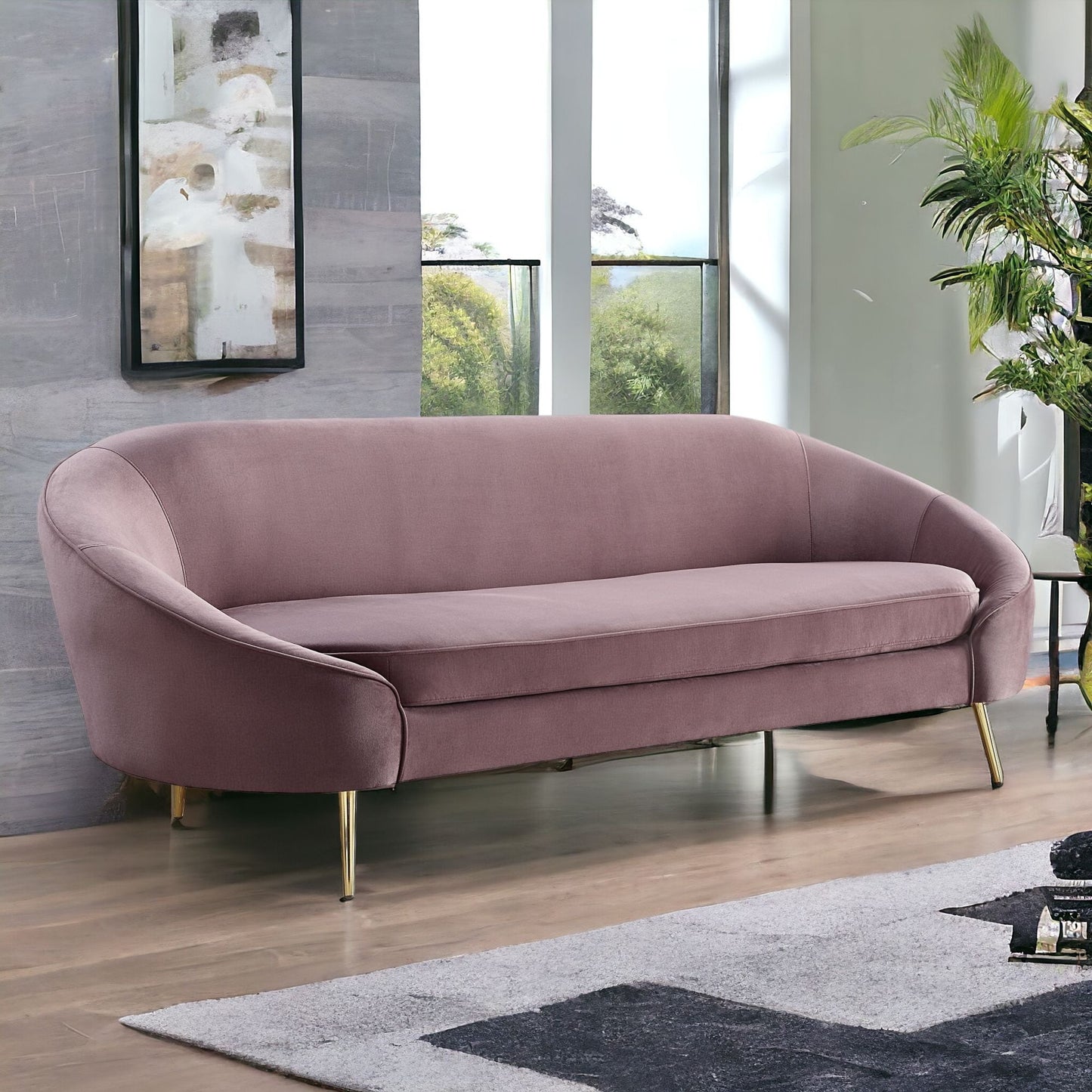90" Pink Velvet And Gold Sofa