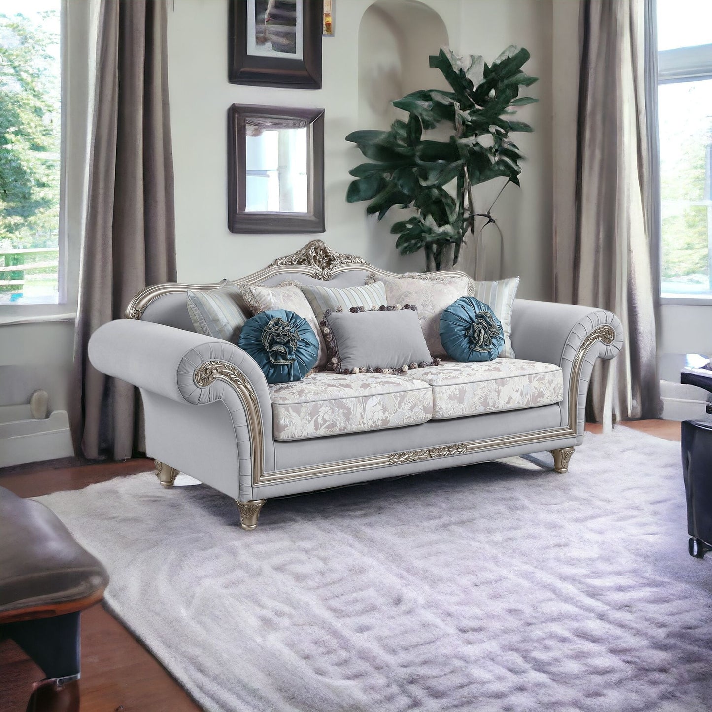 95" Light Gray And Platinum Linen Sofa And Toss Pillows