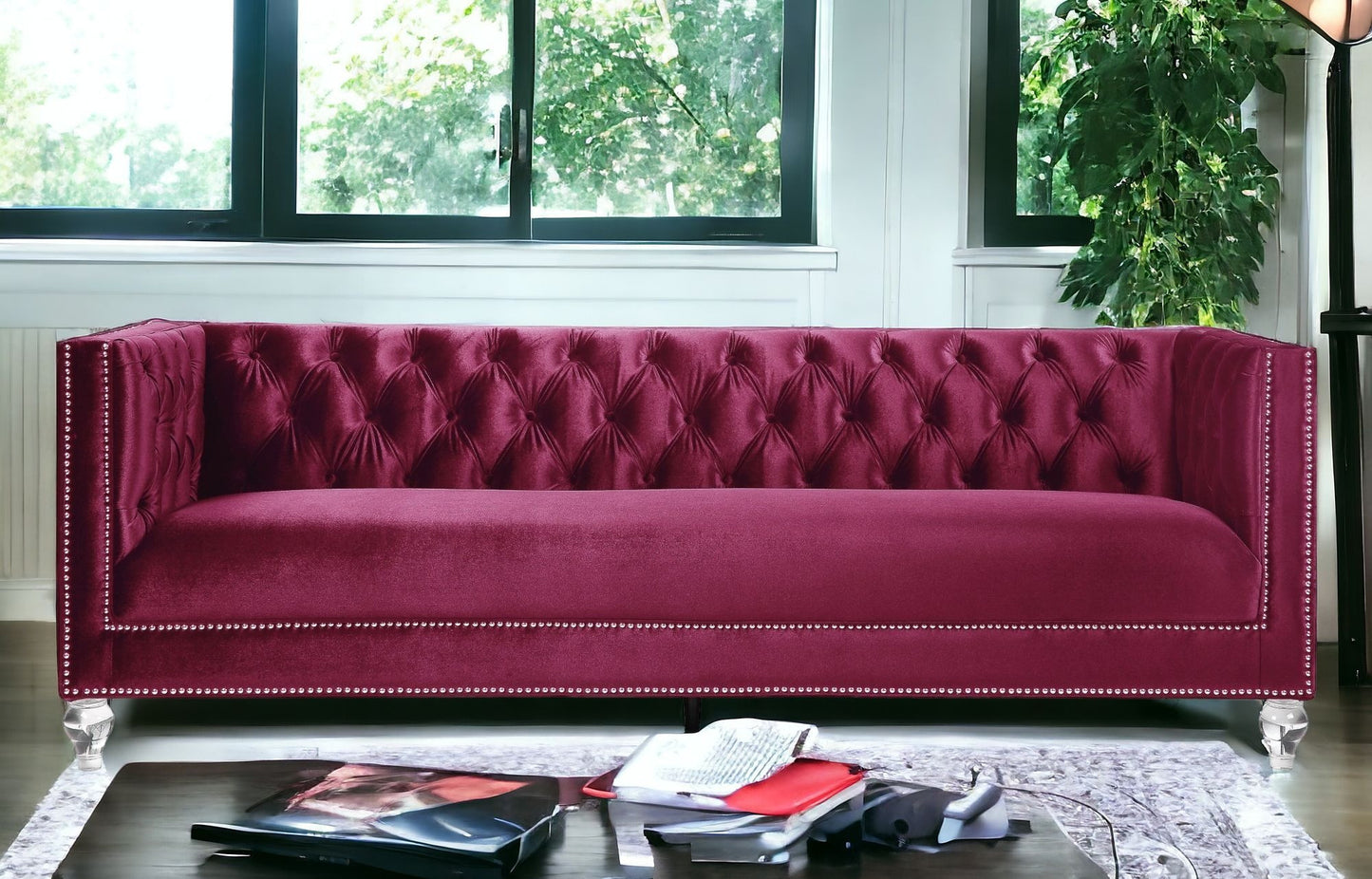 89" Burgundy And Black Velvet Sofa And Toss Pillows