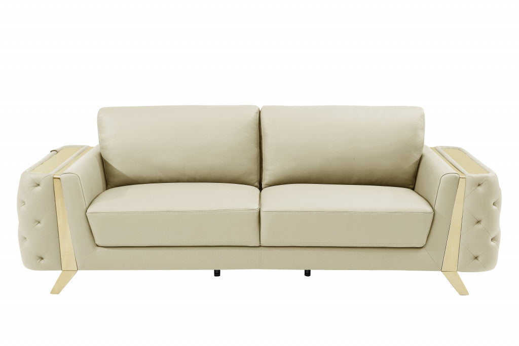 90" Beige And Gold Italian Leather Sofa