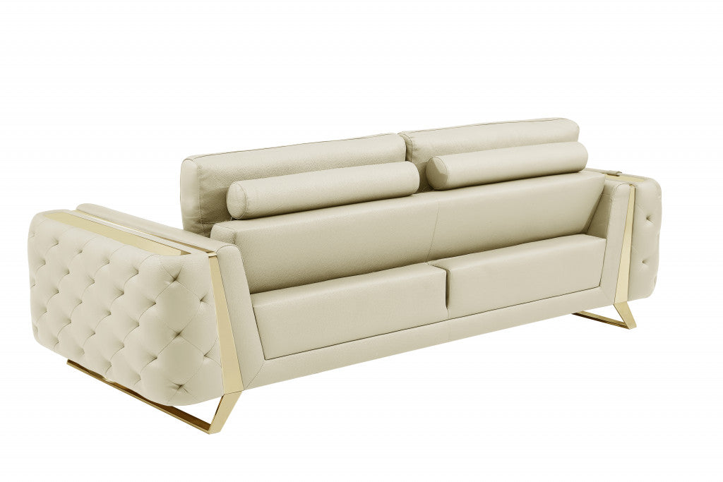 90" Beige And Gold Italian Leather Sofa