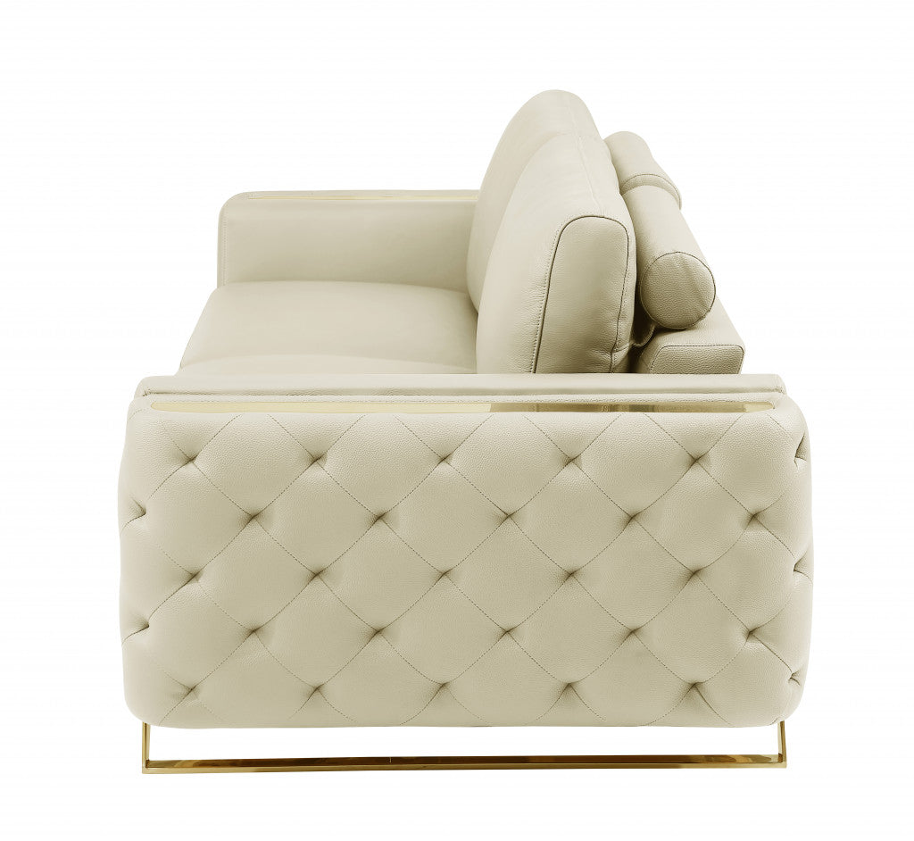 90" Beige And Gold Italian Leather Sofa