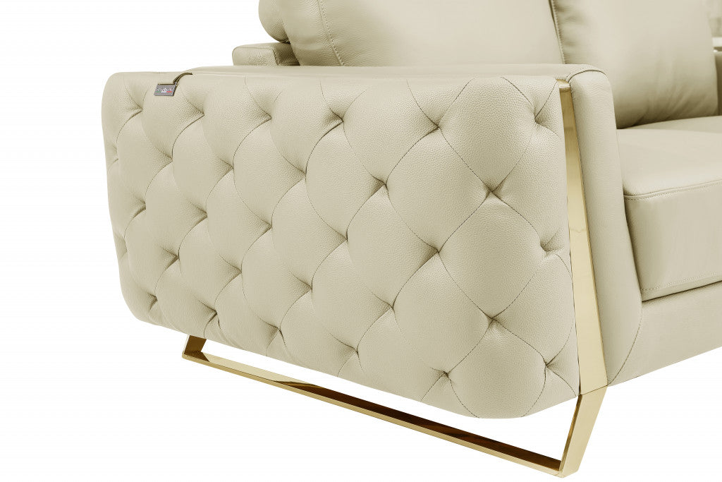 90" Beige And Gold Italian Leather Sofa