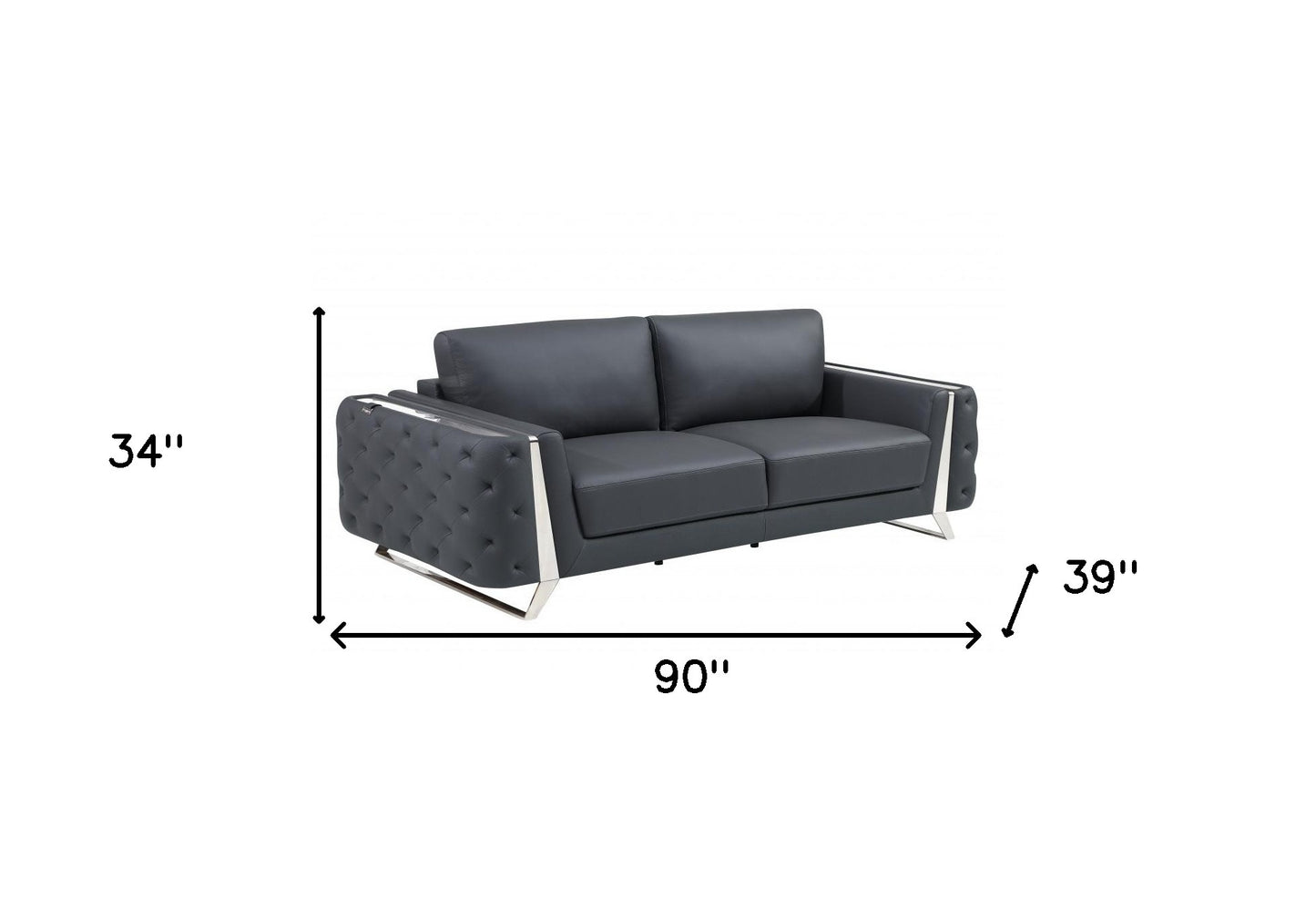 90" Dark Gray And Silver Italian Leather Sofa