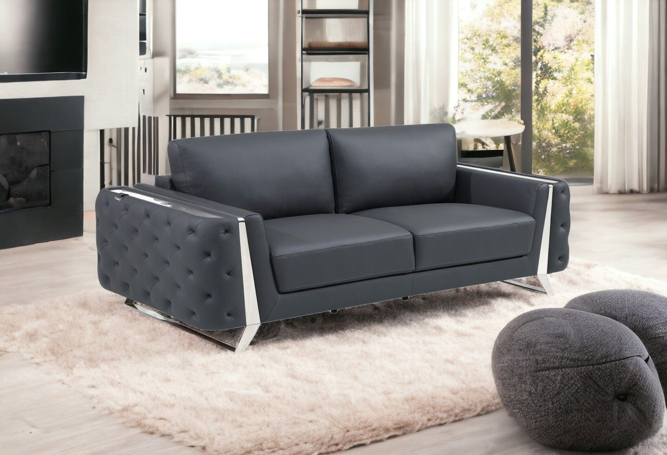 90" Dark Gray And Silver Italian Leather Sofa