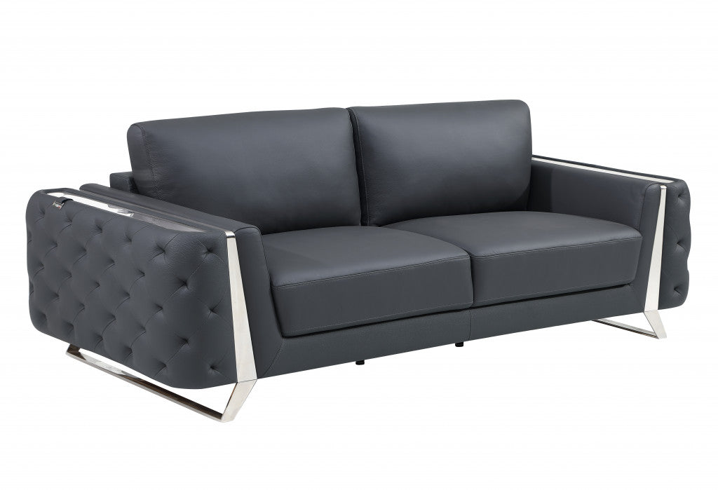 90" Dark Gray And Silver Italian Leather Sofa