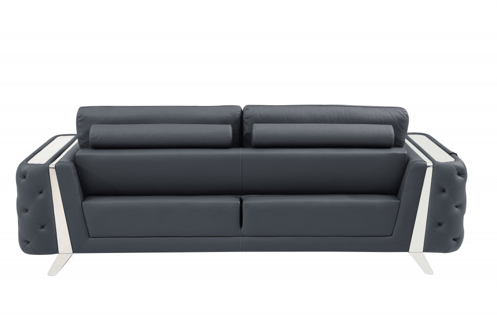90" Dark Gray And Silver Italian Leather Sofa