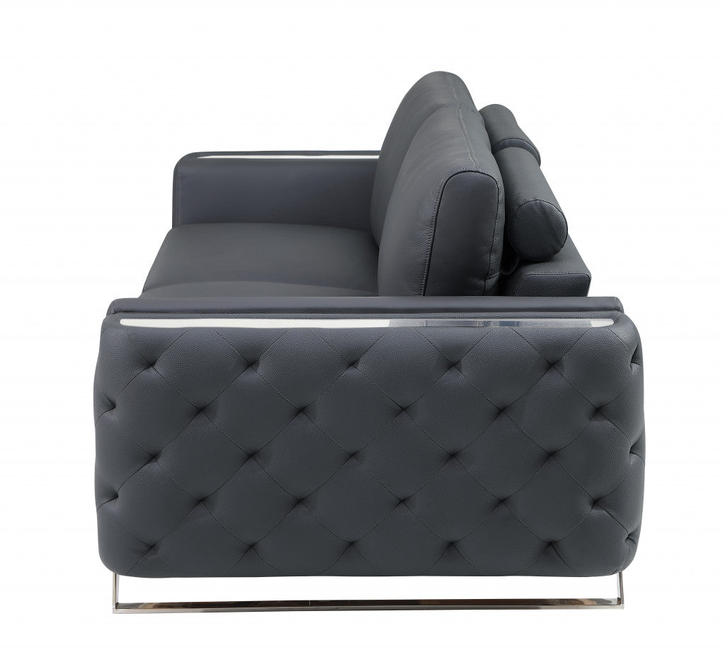 90" Dark Gray And Silver Italian Leather Sofa