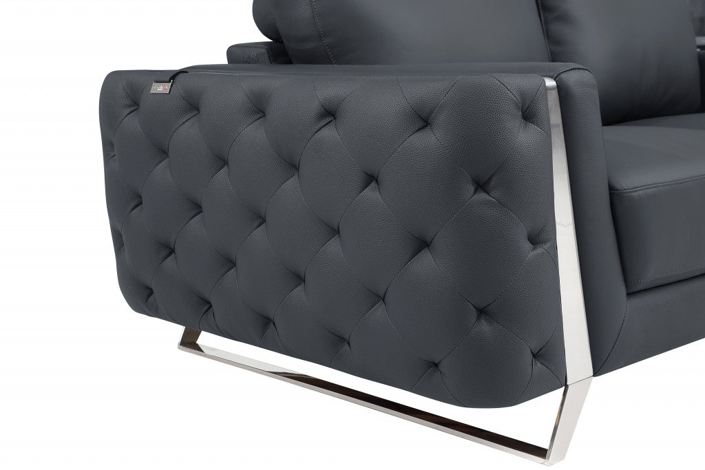 90" Dark Gray And Silver Italian Leather Sofa