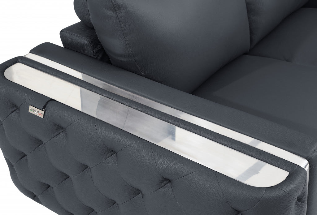 90" Dark Gray And Silver Italian Leather Sofa