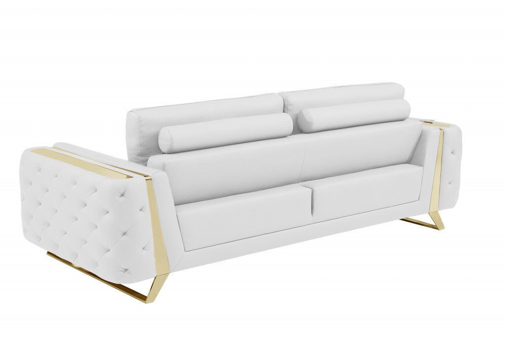 90" White And Gold Italian Leather Sofa