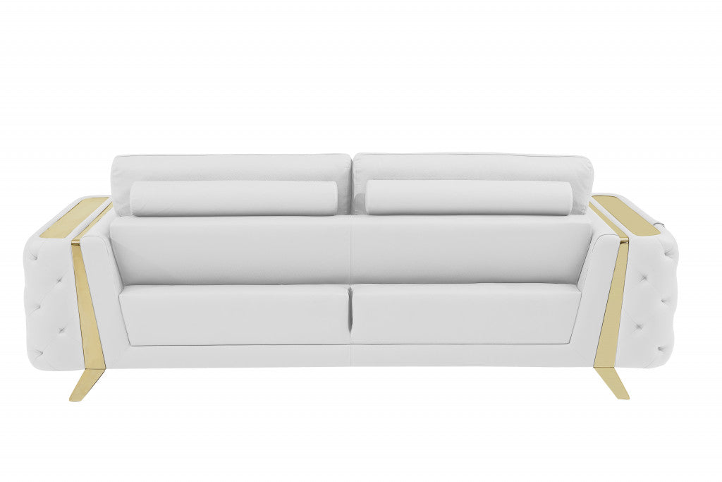 90" White And Gold Italian Leather Sofa