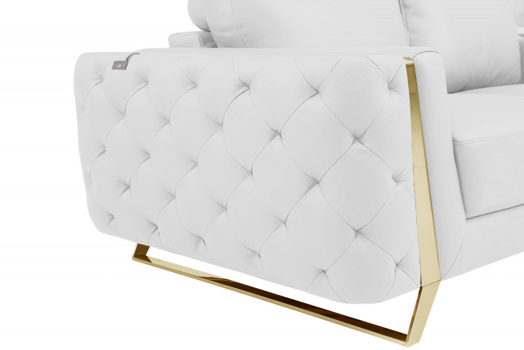 90" White And Gold Italian Leather Sofa