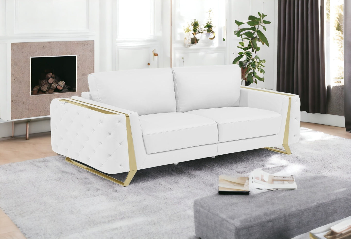 90" White And Gold Italian Leather Sofa