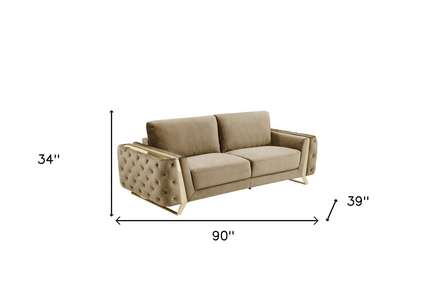 90" Beige And Gold Velvet Sofa