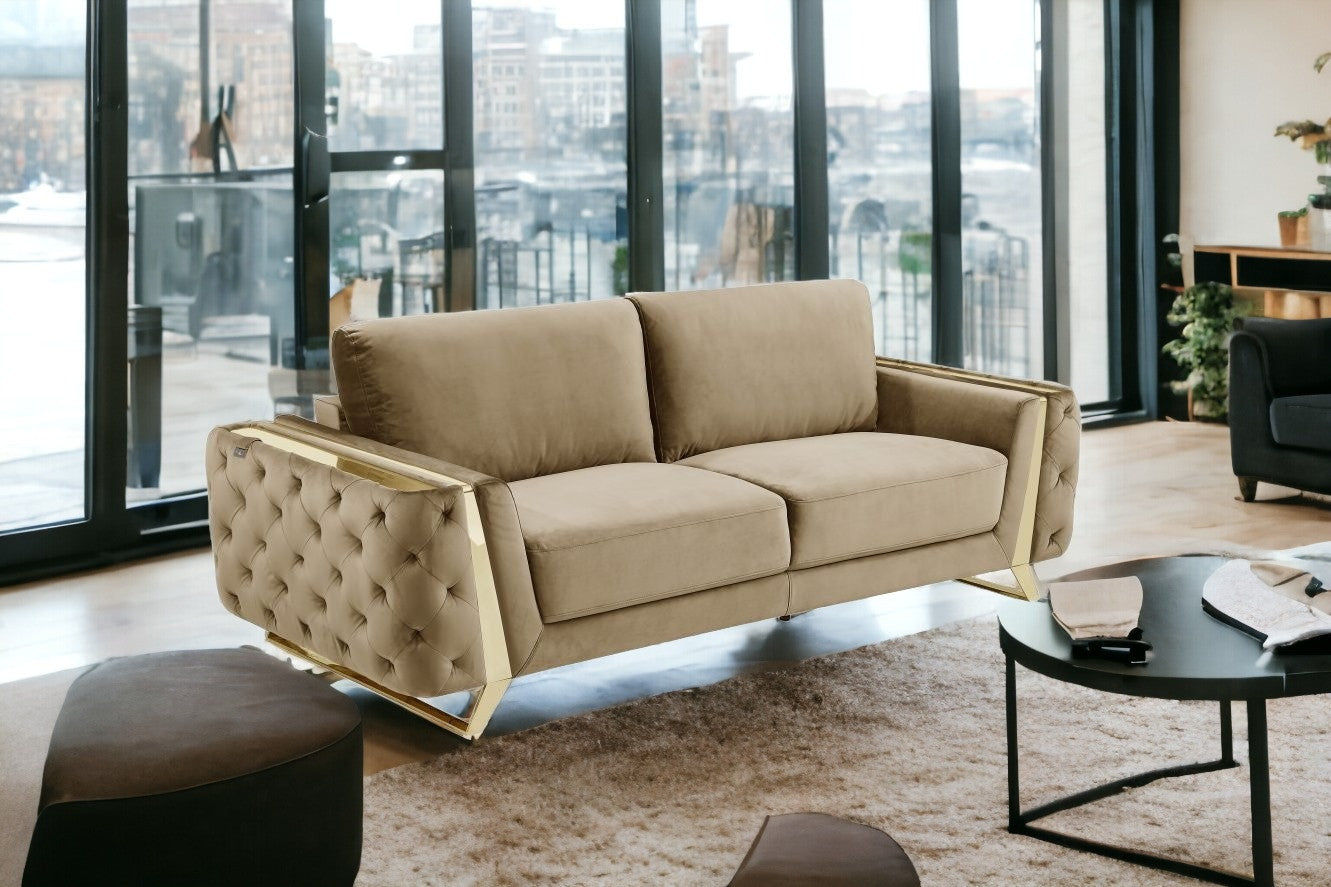 90" Beige And Gold Velvet Sofa