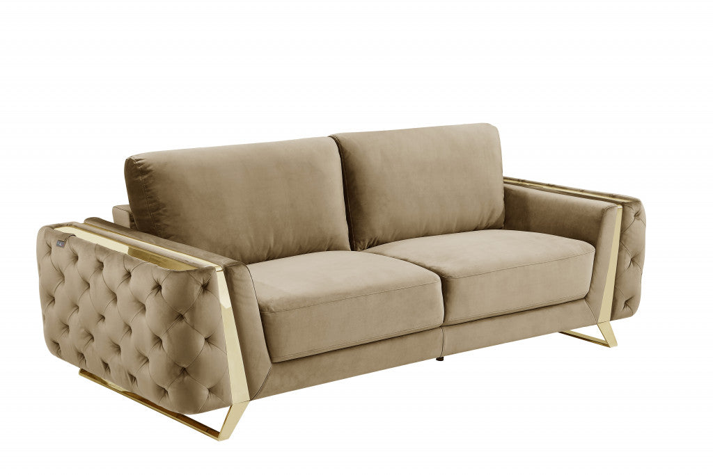 90" Beige And Gold Velvet Sofa