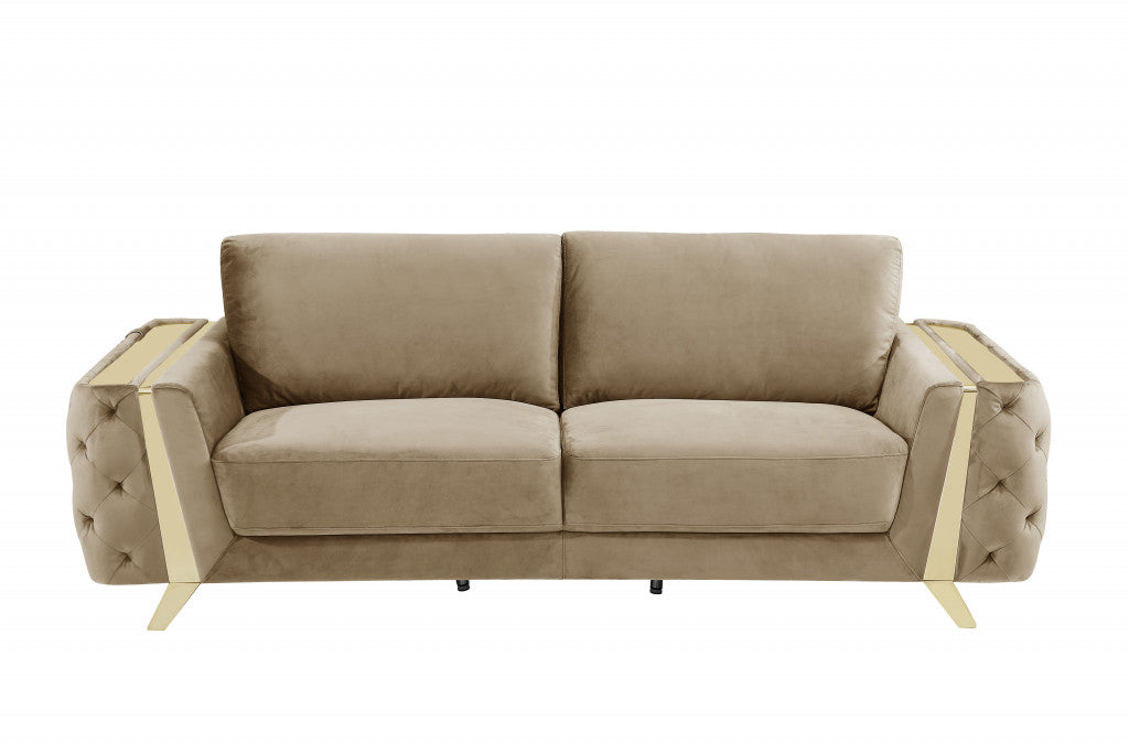 90" Beige And Gold Velvet Sofa