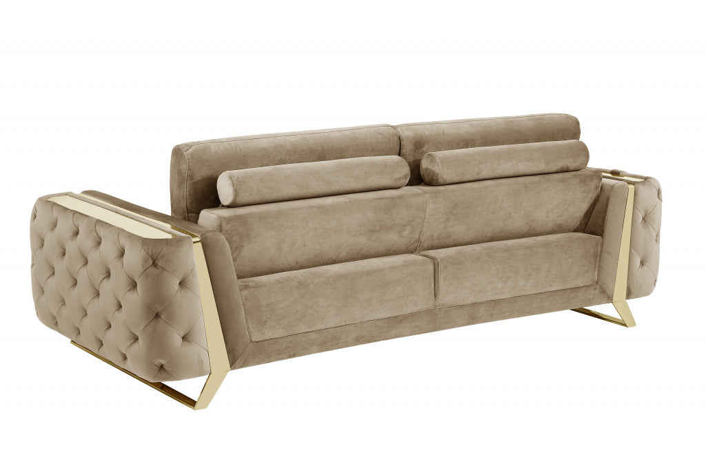 90" Beige And Gold Velvet Sofa
