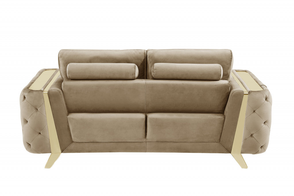 90" Beige And Gold Velvet Sofa