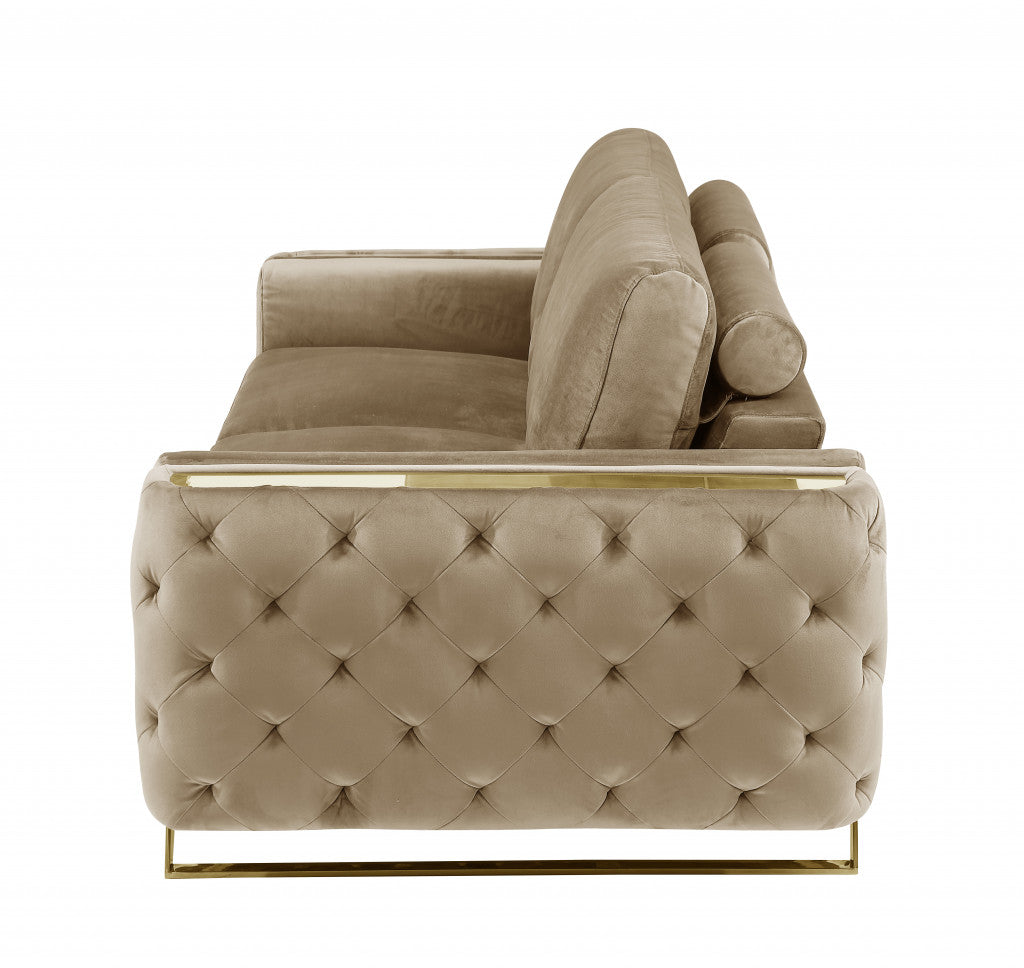 90" Beige And Gold Velvet Sofa