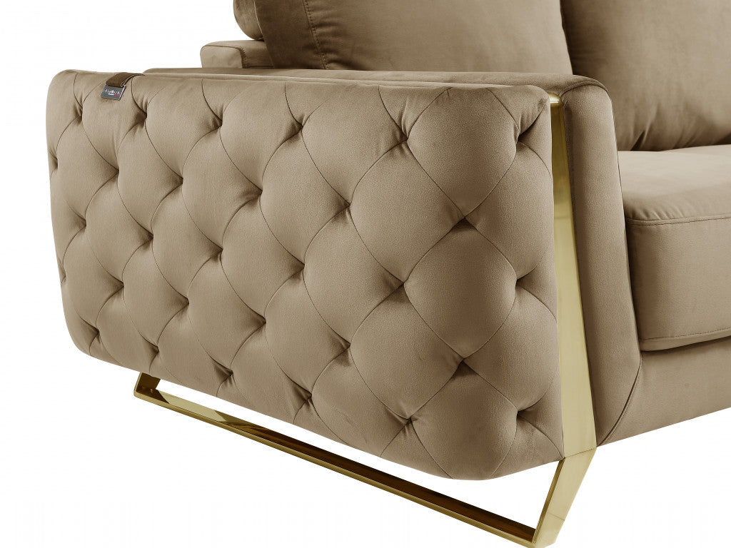 90" Beige And Gold Velvet Sofa