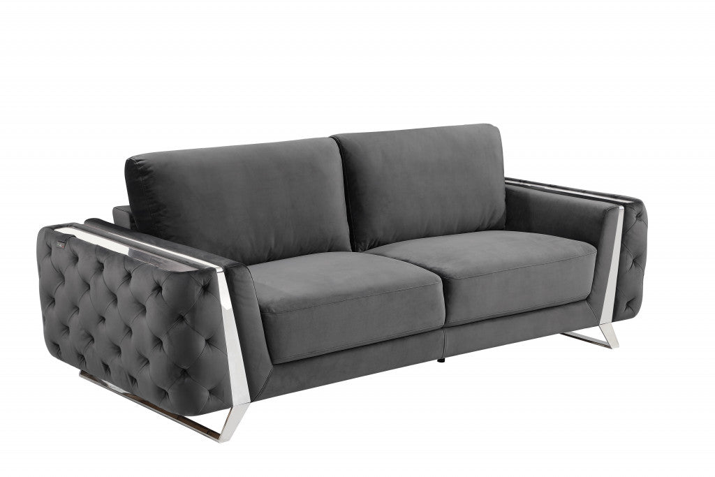90" Dark Gray And Silver Velvet Sofa
