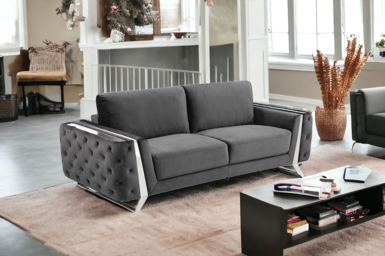 90" Dark Gray And Silver Velvet Sofa
